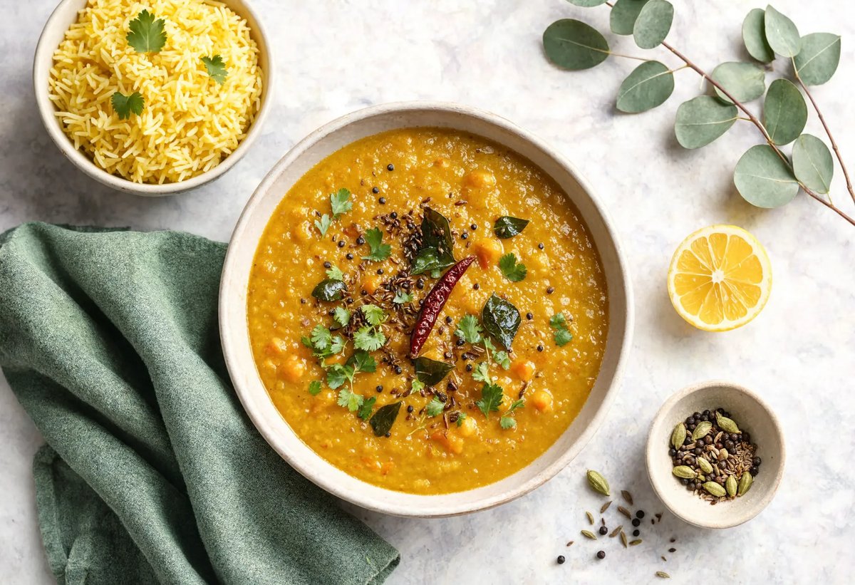 Lentil dal topped with the ghee tarka, curry leaves and dried chilli