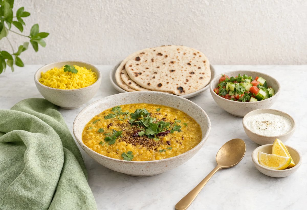 Dal served with turmeric rice, flatbread, salad and yoghurt