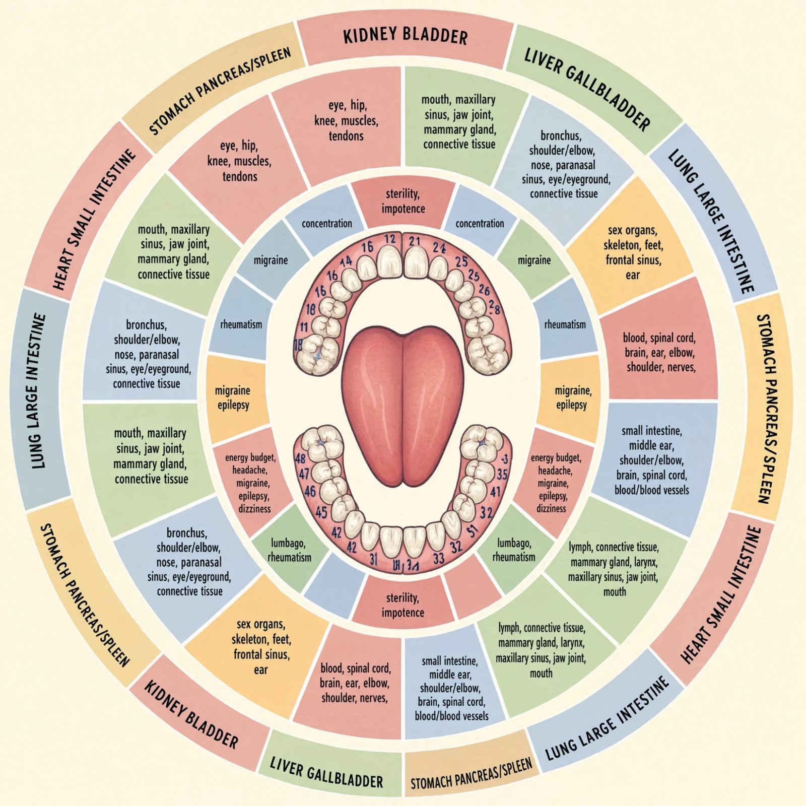 The traditional tooth and meridian chart used in biological dentistry. Tap to enlarge.