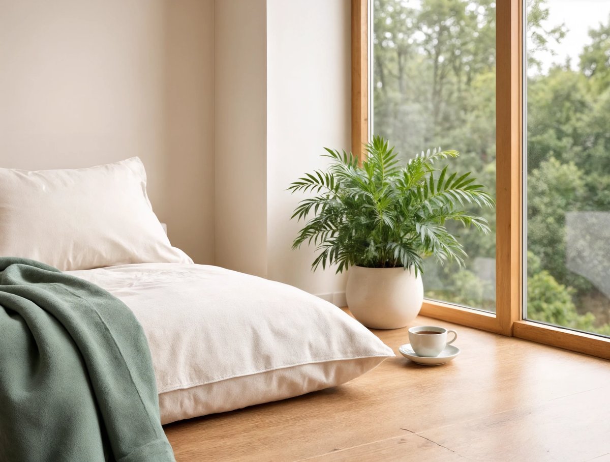 A cream cushion and sage blanket on a timber floor beside a tall window, with a cup of tea and a potted palm