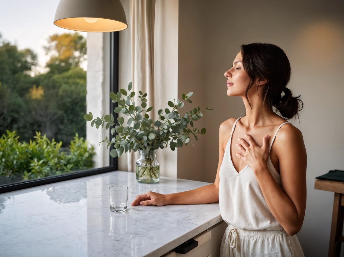 A woman standing at a marble bench by a window at dusk, eyes closed, one hand resting on her chest as she takes a slow breath