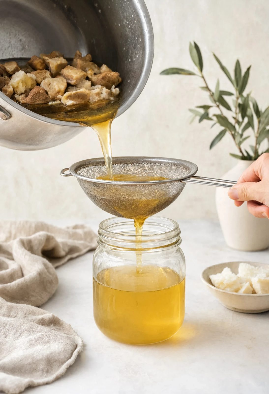 Straining rendered beef tallow into a glass jar